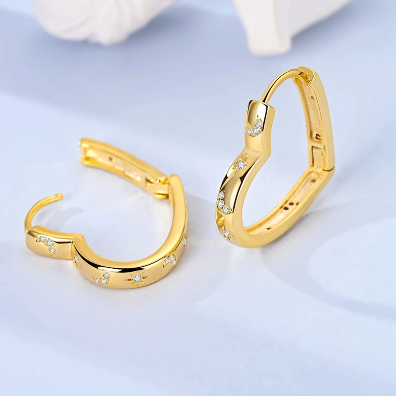 Original 925 Sterling Silver Gold Earrings  Heart Triangle Hoop Earrings for Teens Women Female Party Fine Earring Jewelry