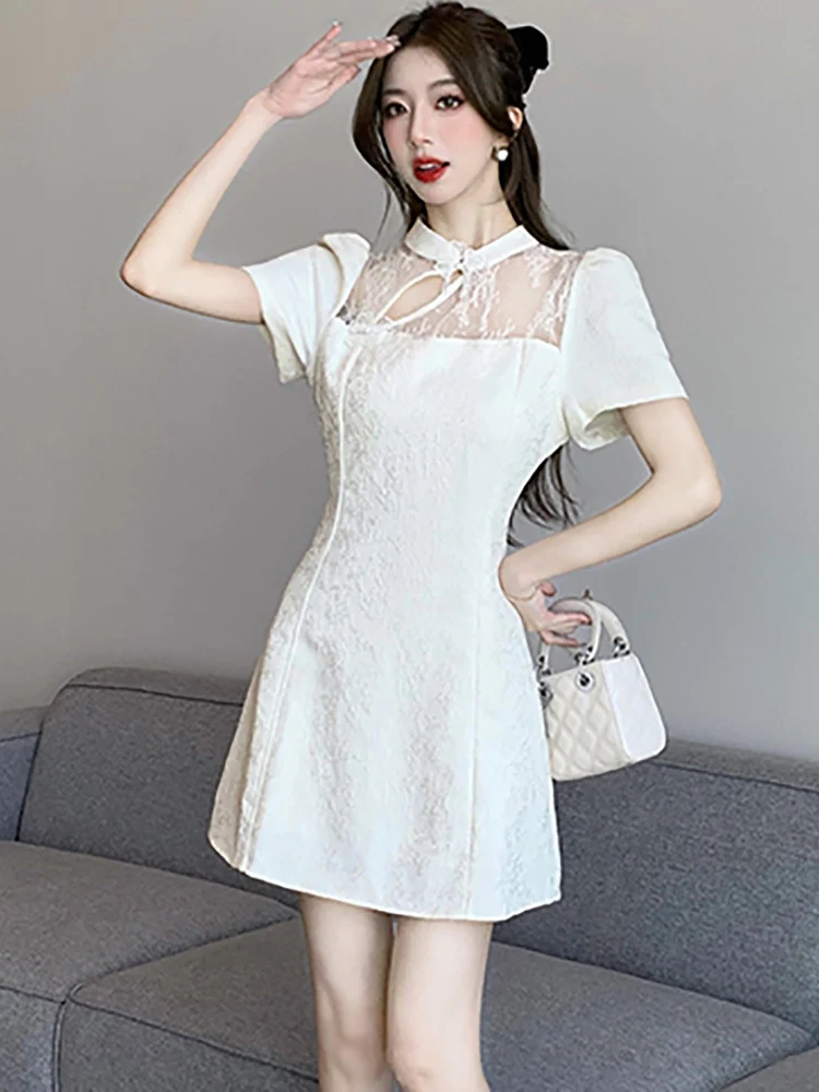 

2025 White Jacquard Patchwork Lace Hollow Out Sexy Mini Dress Women Elegant Casual Home Dress Summer Korean Bodycon Party Dress