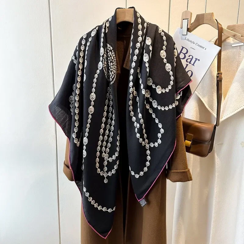 

High-end Elegant Women Exquisite Pearl Necklace Printed Quality Silk Wool Hand-rolled Edge Warm Soft Large Square Scarf Shawl