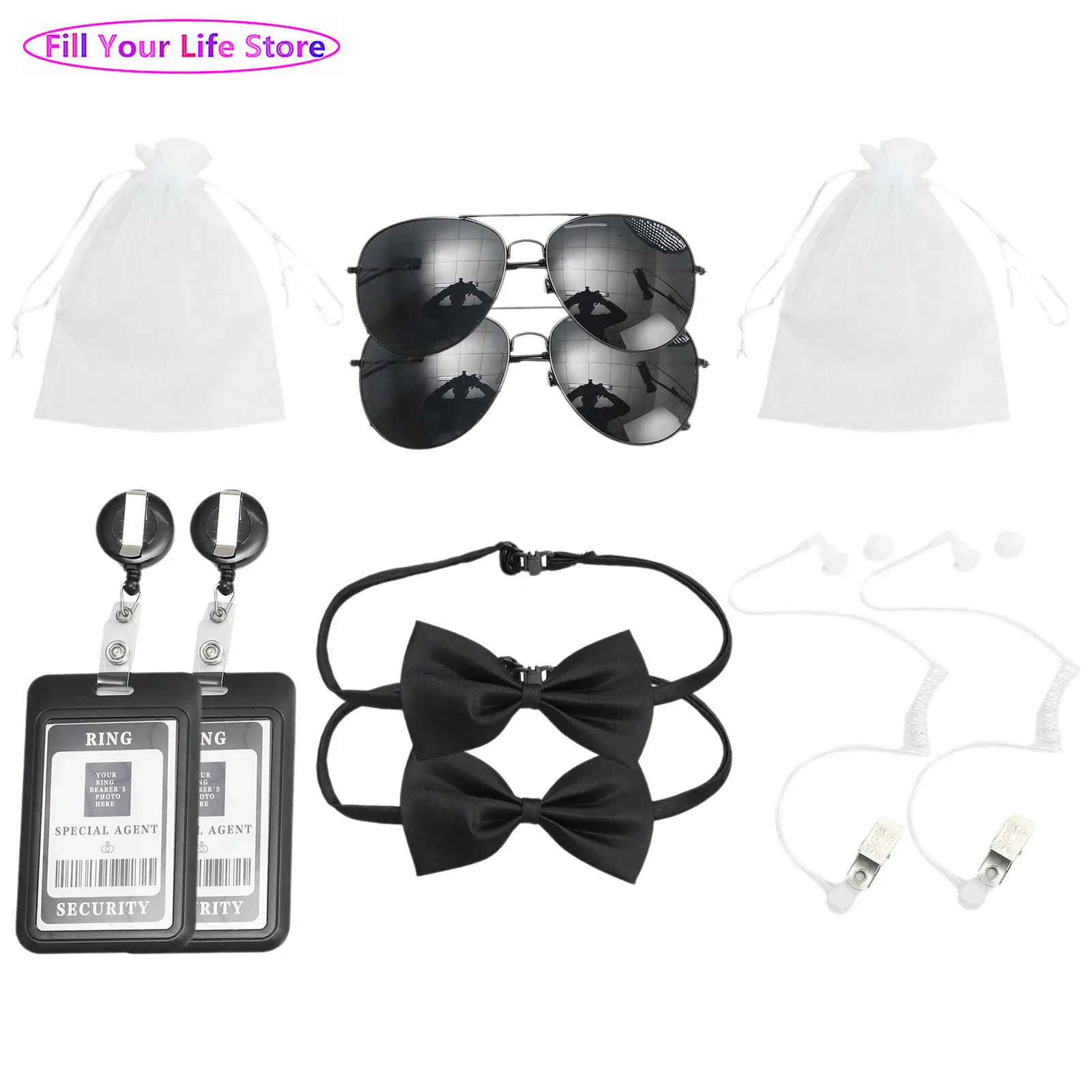 

Adults Kids Agent Work Costume Set Neck Tie Earplugs Brand Glasses Bow Tie Bag Hat Secret Security Service Outfit Accessory