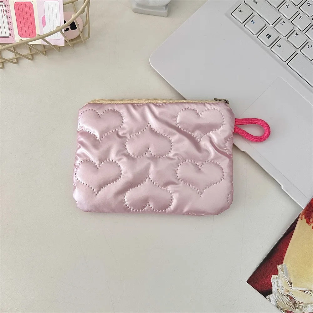 Simple Silver Sanitary Mat Bag Love Bow Zipper Button Coins Keys Wallet Change Purse Makeup Organizer Cosmetics Napkin