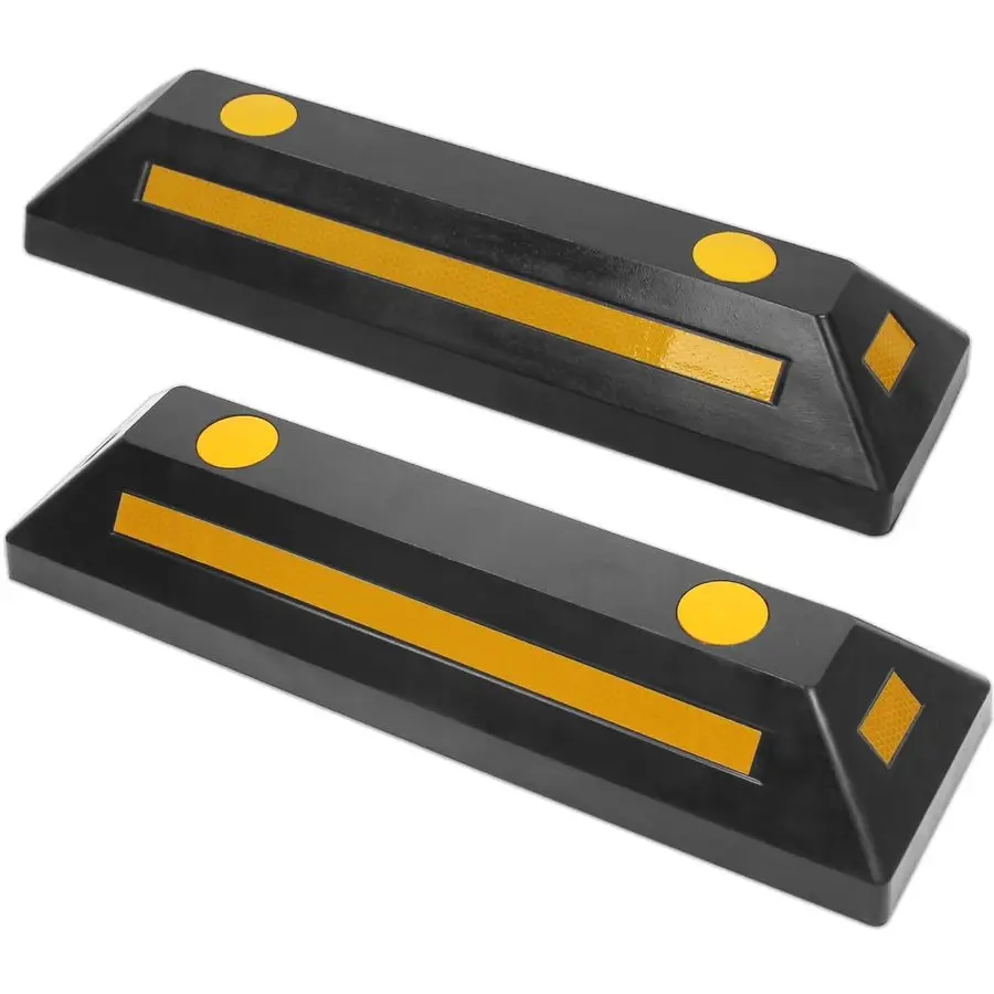 

50135 2Pack Commercial Grade Rubber Curb Parking Blocks with Yellow Reflective Strips Wheel Stops for Cars, Vans, RVs Trailers,