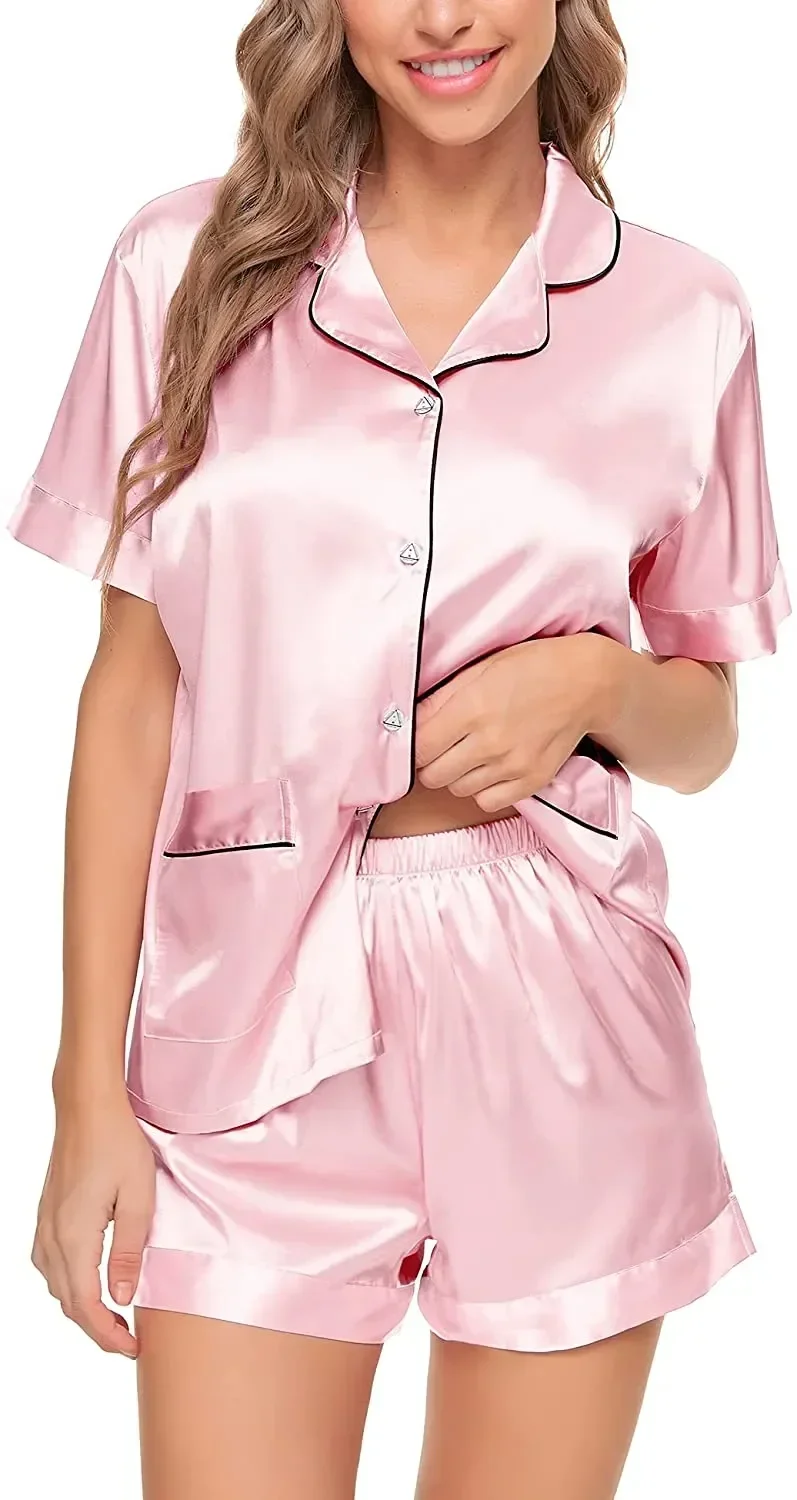 Pyjama Long en Satin de Couleur Unie pour Femme, Ensemble de Vêtements de Nuit, Taille Plus, pour la Maison