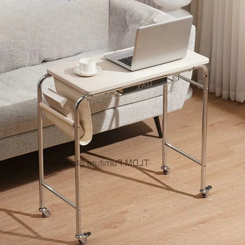 Desk Mobile Portable Bedside Lazy Side Table with Sofa Rolling Casters - with Storage Pocket for Laptop Snack Bedroom Home Decor