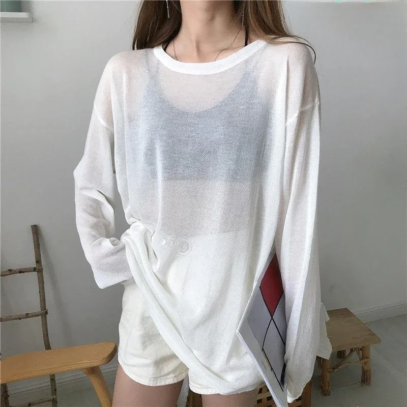

Sheer T-shirts Women Loose Korean Fashion Summer Sun-proof Leisure Clean Fit All-match Long Sleeve Breathable Lazy Ulzzang