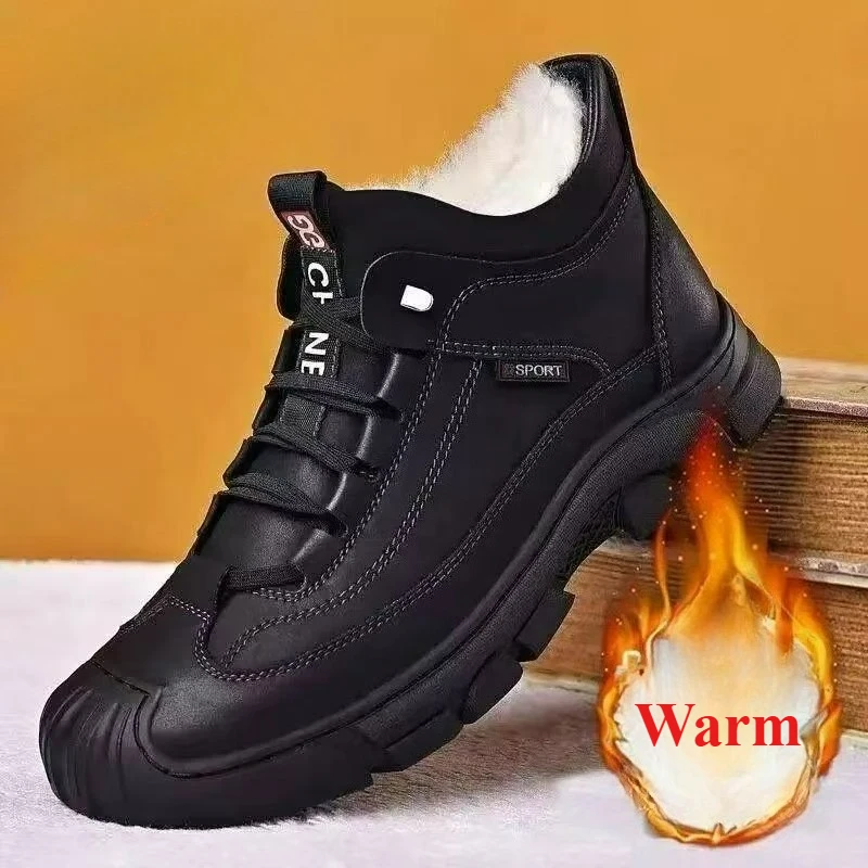 

Мужские зимние ботинки, высокие хлопковые ботинки, кожаные ботильоны без шнуровки, водонепроницаемые утолщенные теплые ботинки, уличная рабочая обувь с защитой от холода