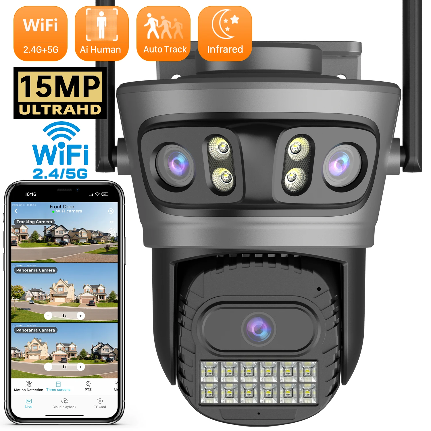 

6K 15MP 3-Lens 3-Screeen Wifi Наблюдение Наружная камера AI обнаружения человека 12MP автоматический круиз Wifi беспроводной безопасности PTZ IP-камера И SD-карта