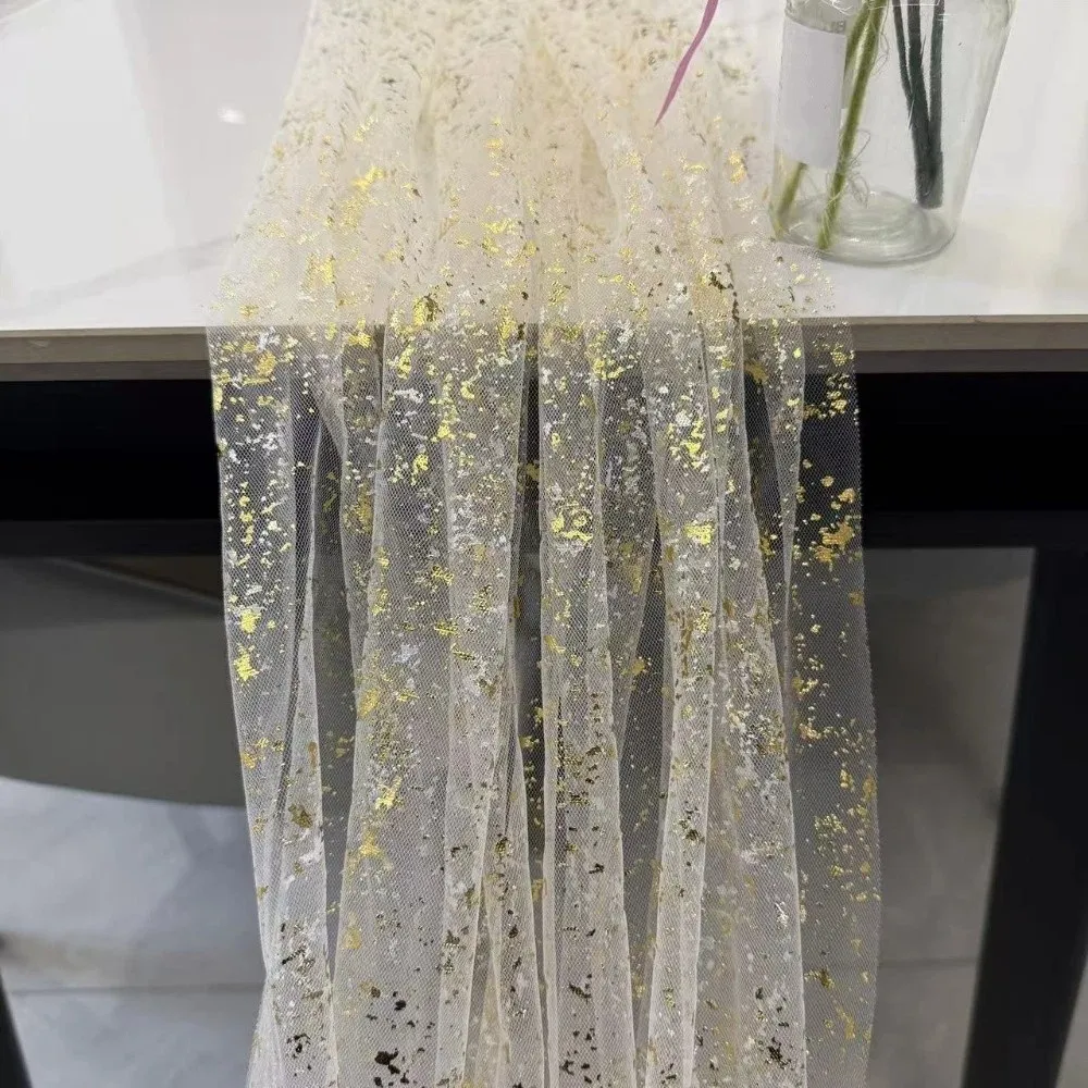 Golden Sequin Glitter Hot Stamping Table Flag European Style Luxury Mesh Birthday Table Runner Soft Elegant Sheer Tablecloth
