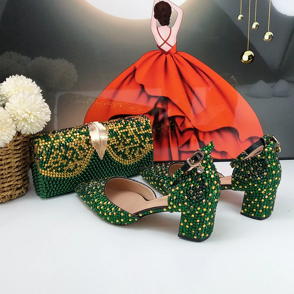 Green Crystal Bridal Wedding shoes and bag Woman Thin Heel High Pumps Party Evening shoes Shallow Ankle Strap Buckle shoe