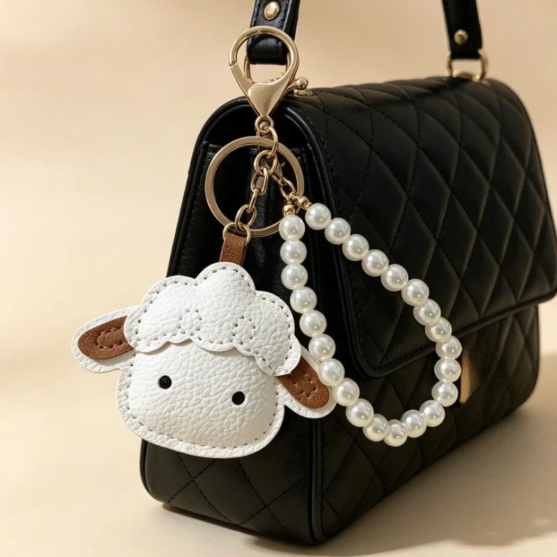 Sheep Pendant Bag Charm Cute Leather Sheep Keychain Pearl Chain Ruffled Edge Fashion Handbag Charm Gift for Women