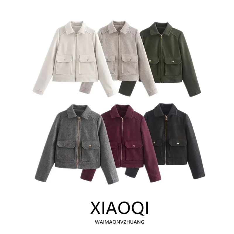 เสื้อโค้ทผู้หญิงทรงหลวม แขนยาว ซิปแบบรูด ผ้าขนสัตว์นุ่ม สไตล์อเนกประสงค์ แฟชั่น ช่วยให้ดูผอมเพรียว สำหรับฤดูใบไม้ร่วงและฤดูหนาว ปี 2024