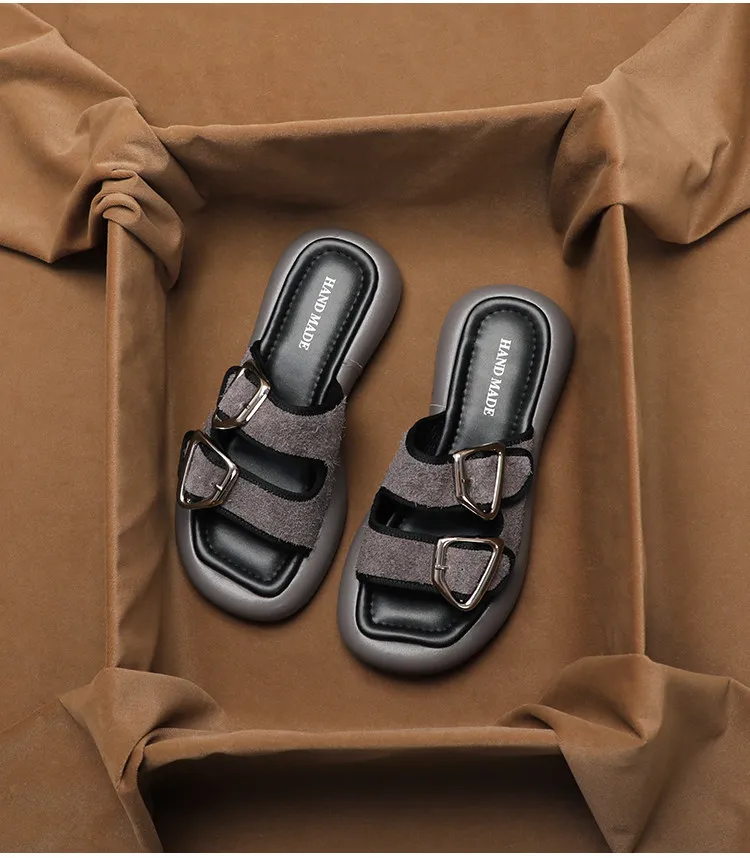 SHOEBOX Real Leather Flat and Thick Soled Open Toe One Line Slippers for Women's Outdoor Wear Summer One Line Buckle Casual