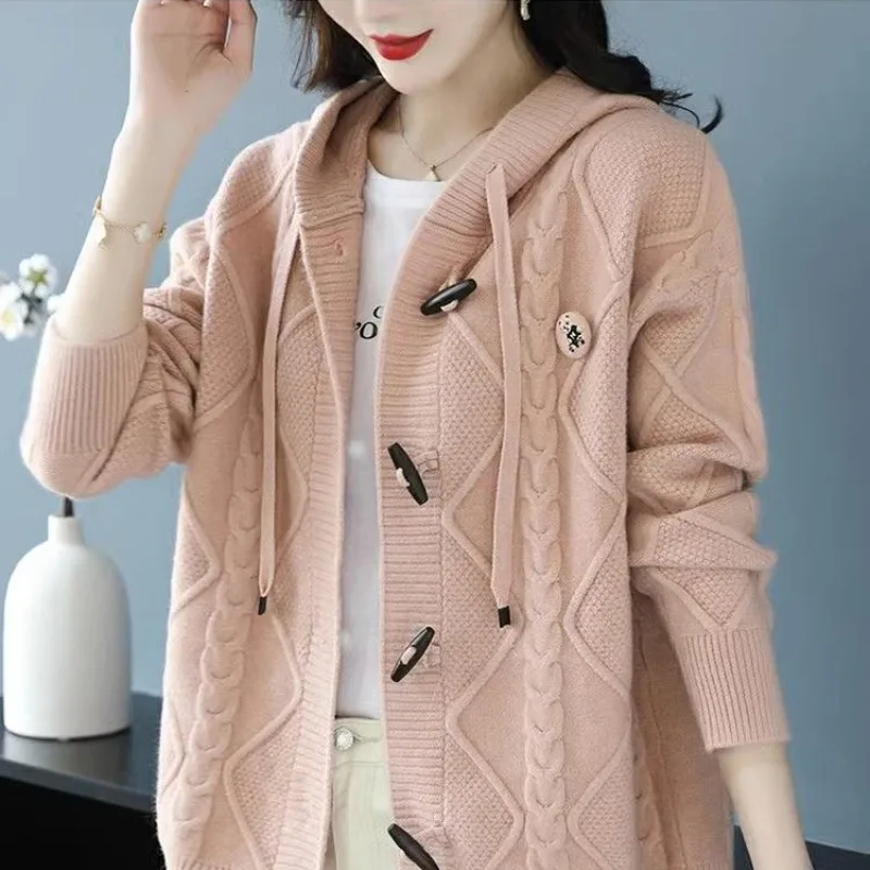 

2023 Autumn Winter New Wool High-grade Hooded Coat Women Loose Thick Simple Thread Short-Length Pure Color Sweater Knit Cardigan