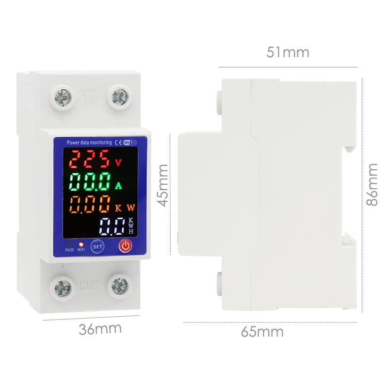 Tuya WiFi Smart Energy Meter Multifunctional Protector Color Display Over Under Voltage Protector Prepaid Meter