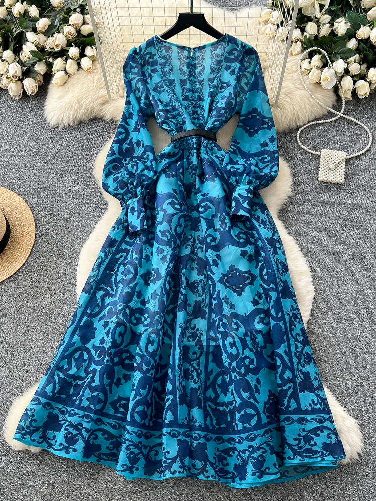 เดรสยาวพิมพ์ลาย Ele Print สำหรับผู้หญิง แฟชั่นฤดูใบไม้ร่วง ทรงเอวเข้ารูป แขนทรงกระบอก ผ้าโพลีเอสเตอร์ เอวสูง สไตล์ฝรั่งเศส