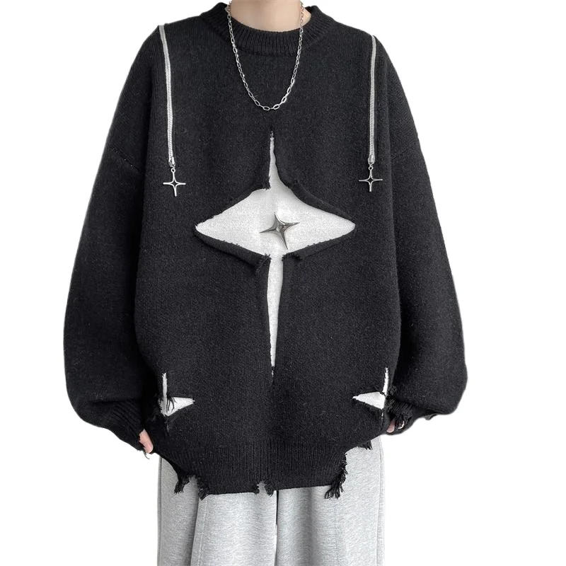 

2026 Fashion Jacket High Street Pink Couple Sweater Men's Winter High Sense Design Ripped Knitted Pullover Wool Top Solid Color