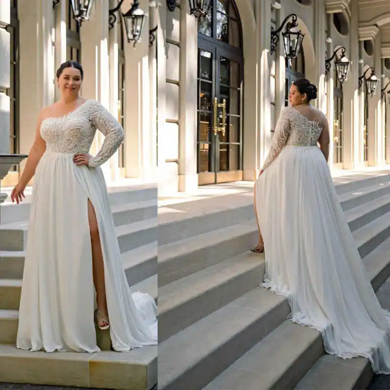 

Plus Size Wedding Dress One Shoulder Long Sleeves Crystal Beading Bridal Gowns Sweep Train Vestido De Novia Customized