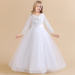 Long Sleeve White Bridesmaid Dress For Girls Children Costume Lace Princess Dresses Girl Dress Wedding Ball Gown 4-14 Years