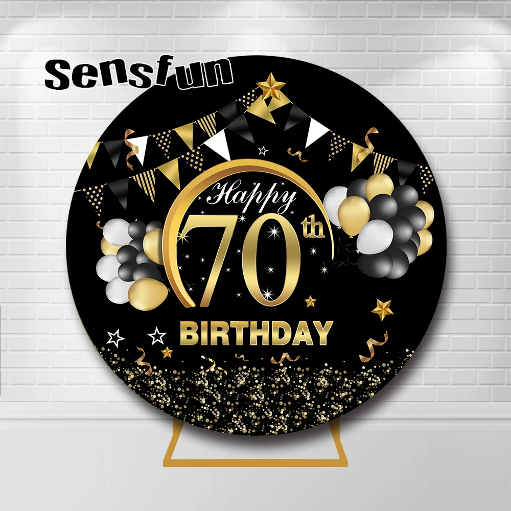 الأسود والذهبي الكبار حفلة عيد ميلاد غطاء خلفية مستديرة رجل امرأة سعيد 50th 60th 70th عيد ميلاد دائرة الخلفيات مخصصة
