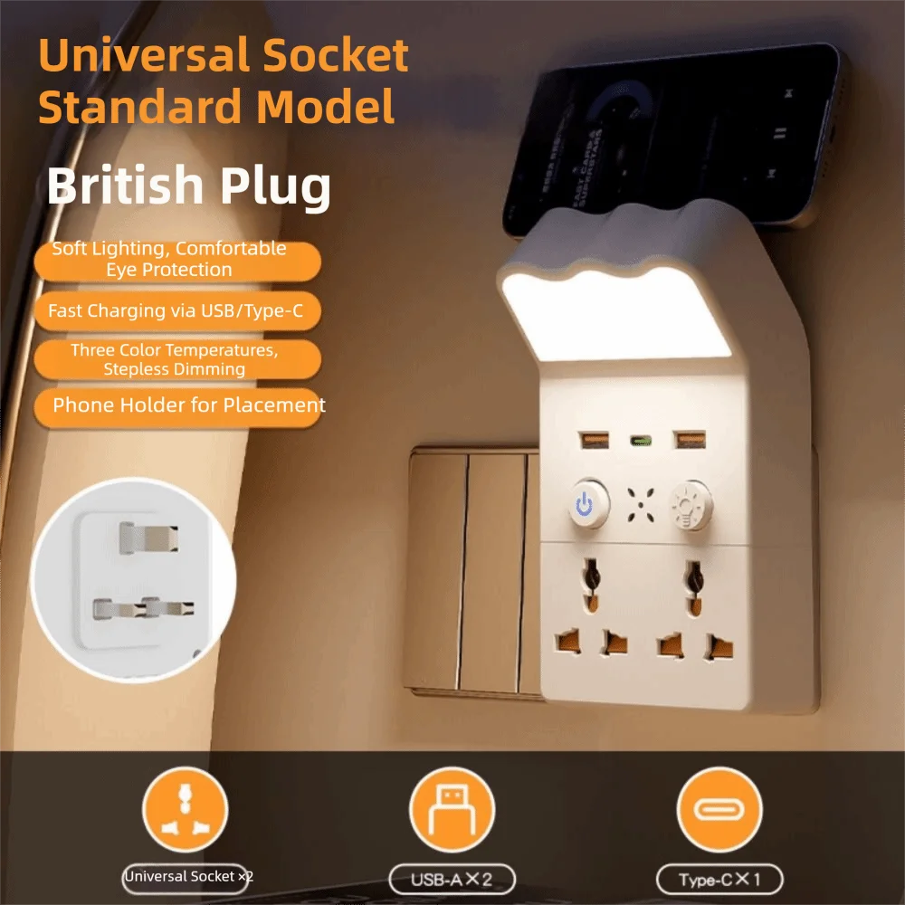 

Universal Socket Night Light Socket Converter 1Type C & 2USB-A 3 Level Brightness Adjustable Socket Wall Lamp Square