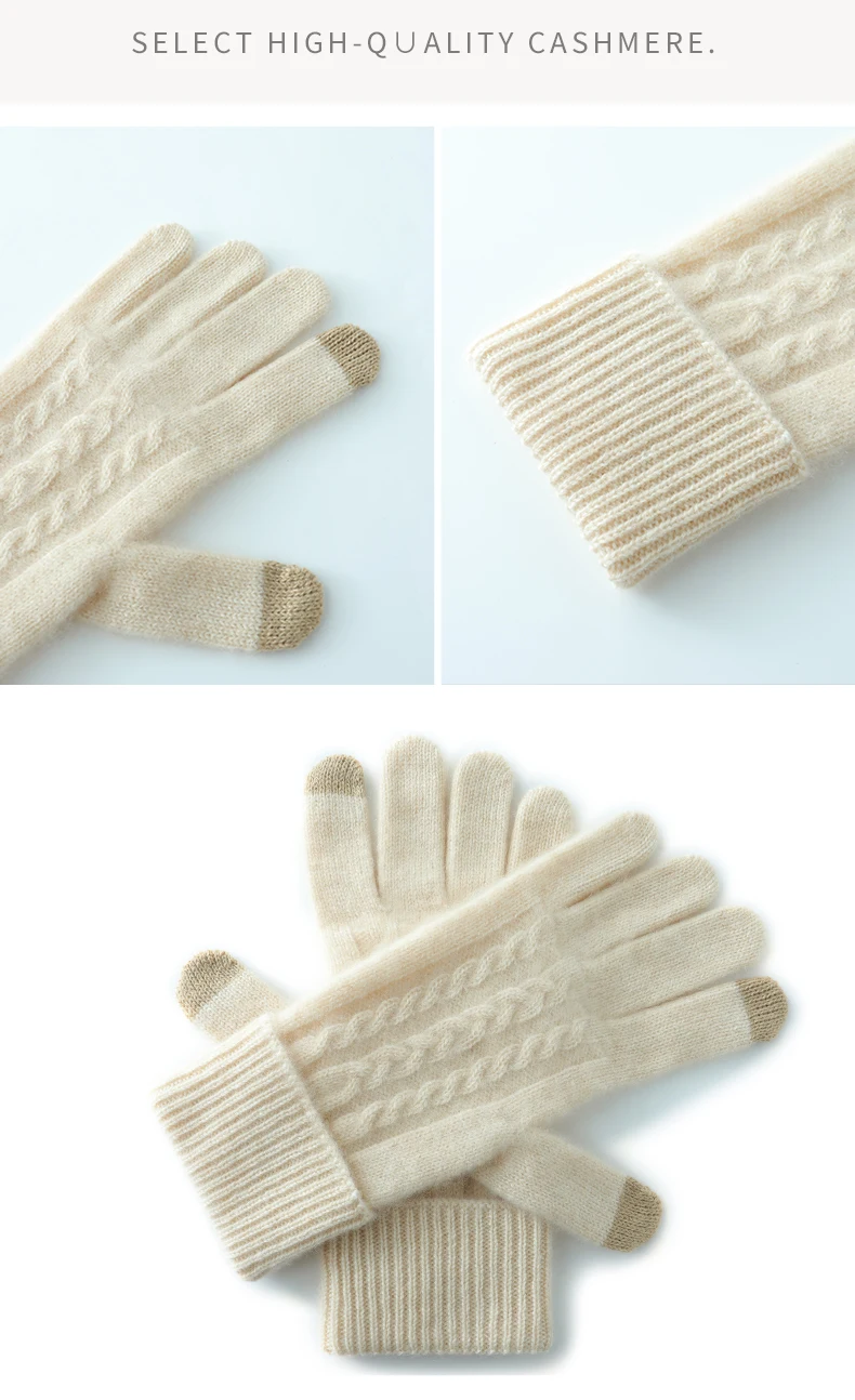 Winter High-Quality 100% Real Cashmere Touch Screen Gloves Women Soft Warm Stretch Knit Mittens Full Finger Guantes Female