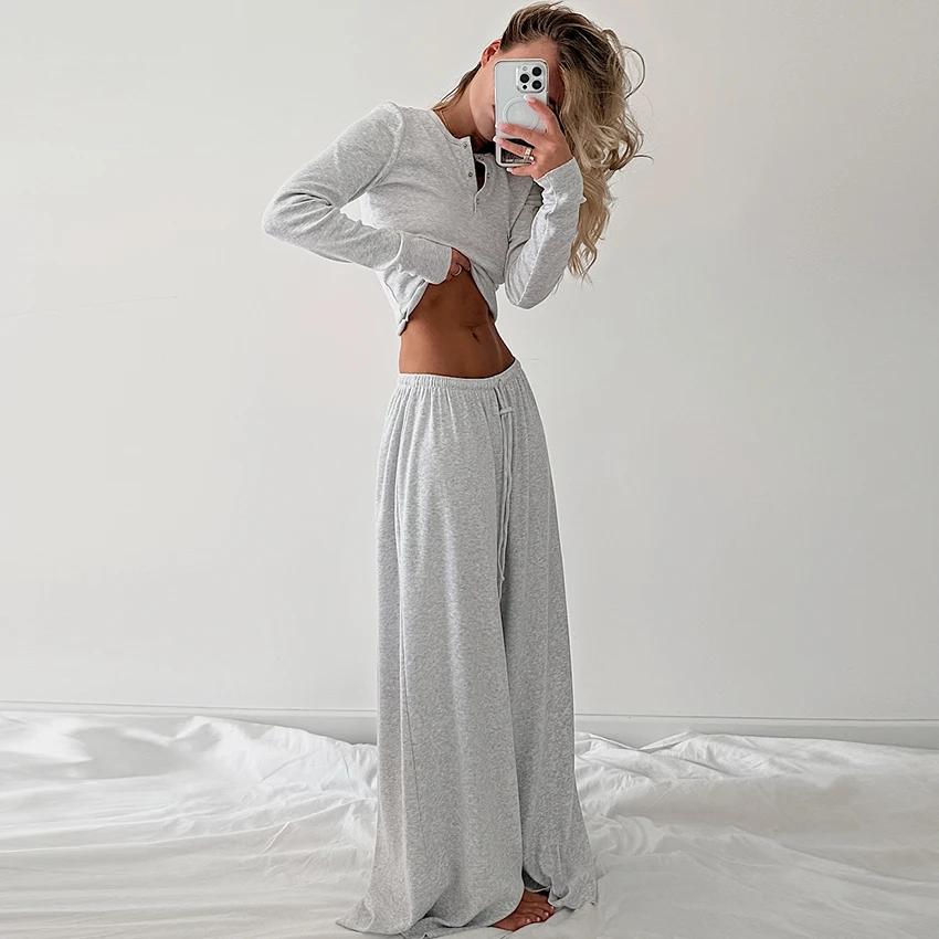 HiLoc Flower Gray Casual Knitted Elastic Ladies' Pajamas Two-Piece Long Sleeve V-Neck Short Top Elastic Waist Full Length Pants