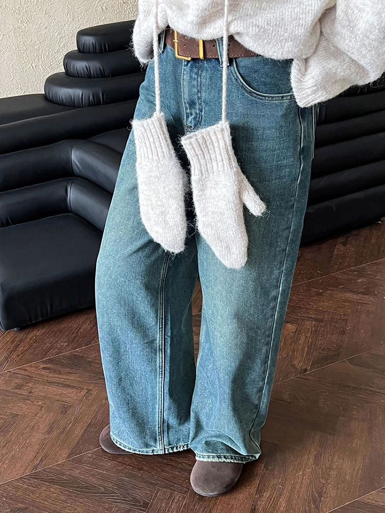 [EAM] High Waist Blue Denim Long With Velvet Vintage Wide Leg Jeans New Women Trousers Fashion Tide Autumn Winter 2024  1DH7907