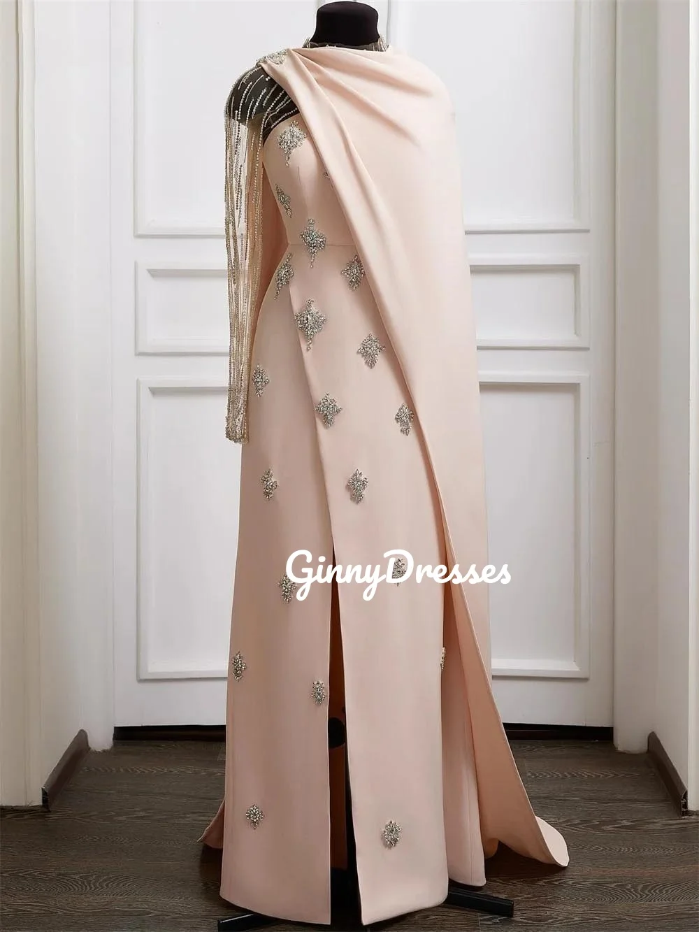 Split Customize Dresses For Women Cap Straps Floor-Length Zipper Up Women'S Evening Dresses Beadings Long Sleeves Vestidos De Fi