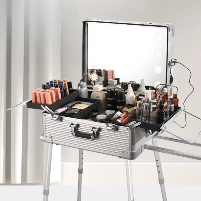 Professional cosmetic case trolley case with mirror removable bridal makeup artist cosmetic case with lamp toolbox large