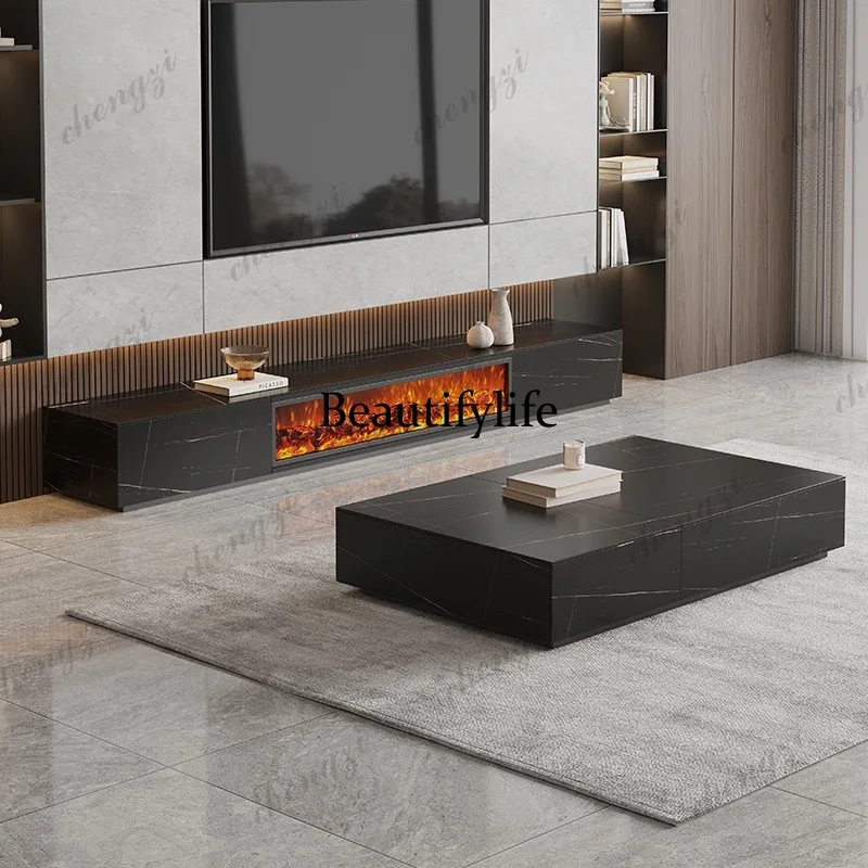 Italian minimalist simulation flame TV cabinet electronic fireplace floor cabinet full rock slab solid wood cabinet