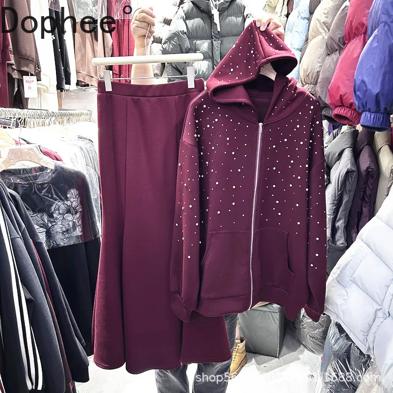 

Модная женская толстовка с капюшоном, комплект из двух предметов, новые осенние кардиганы на молнии с бриллиантами, пальто + эластичная талия, ультра длинные юбки «рыбий хвост», костюмы