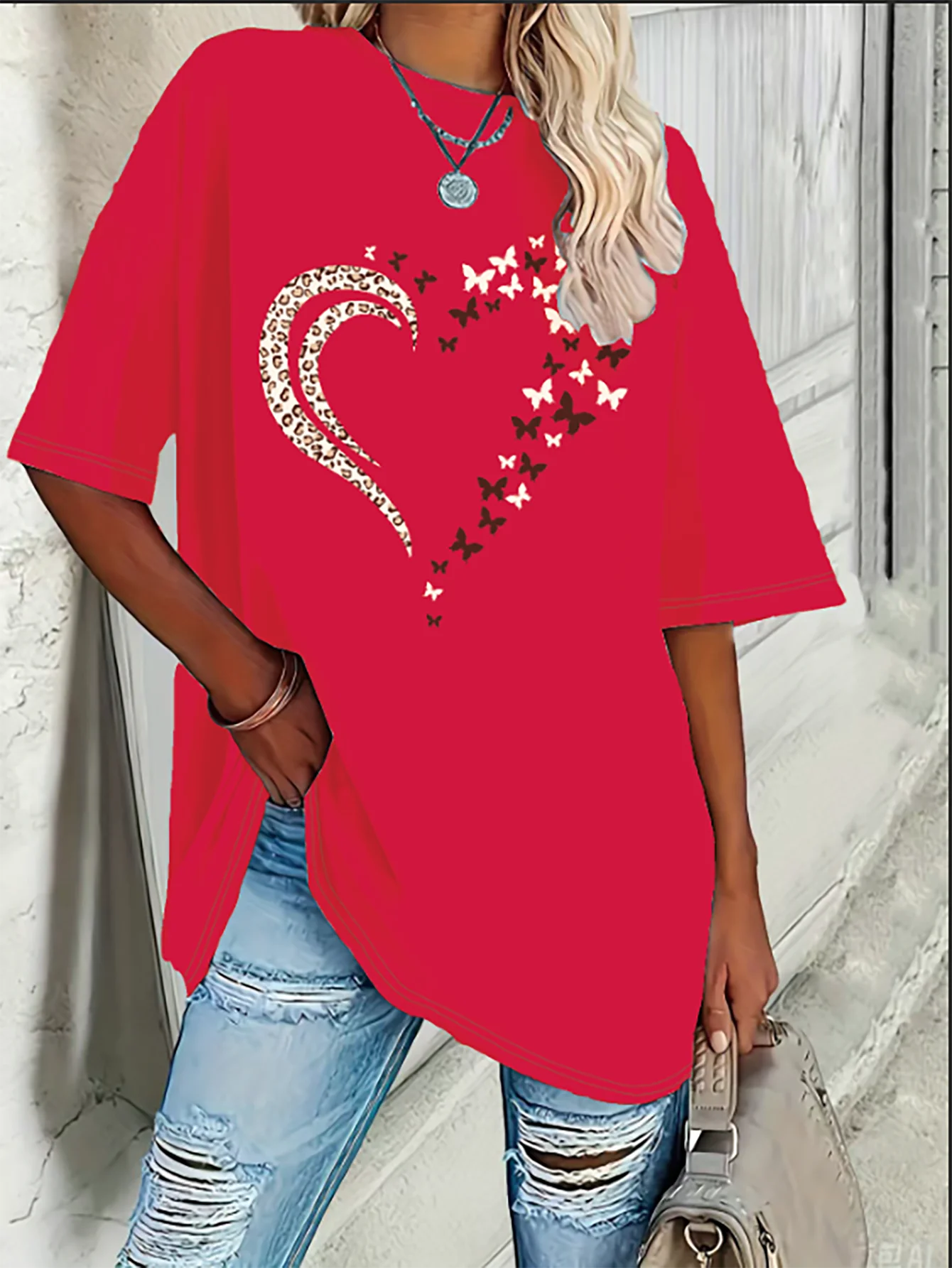 حجم كبير تي شيرت بأكمام قصيرة الربيع والصيف المرأة جولة الرقبة قصيرة الأكمام فضفاضة الحب تي شيرت أعلى