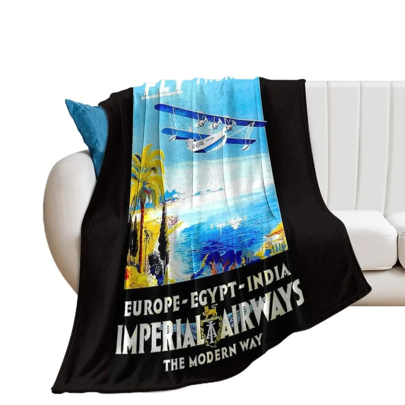 IMPERIAL AIRWAYS : Vintage Fly to Europe Egypt and India Advertising Print Throw Blanket Nap Picnic Retros Blankets