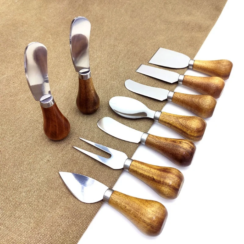 Cheese Knife with Wooden Handle Stainless Steel Mini Butter Cutter Jam Spatula Dessert Fork Flat Tableware for Home Kitchen