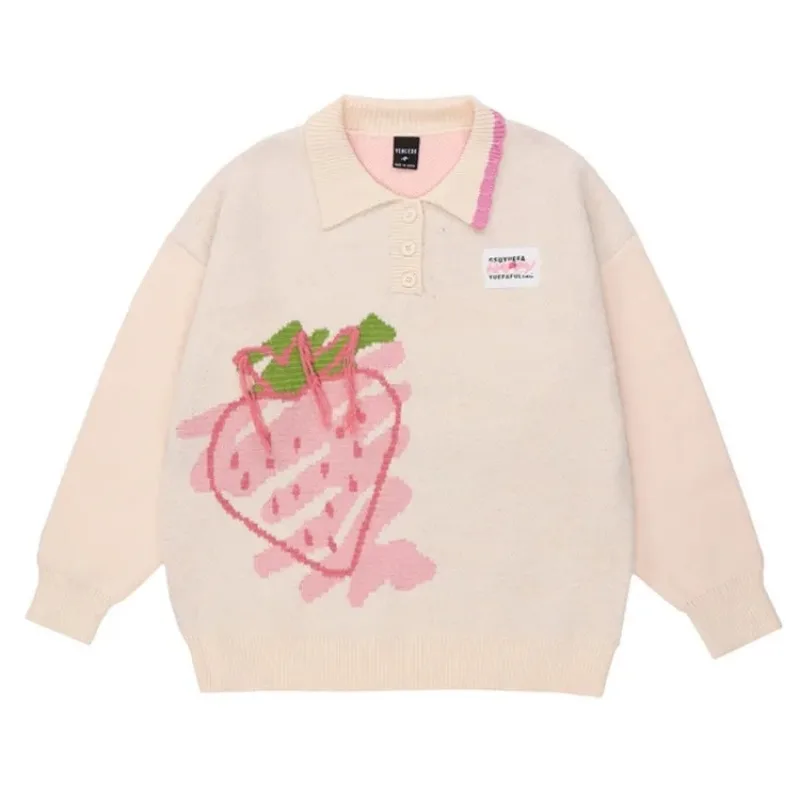 Street Pink Kniting Sweater Women Cute Strawberry Harajuku Loose Warm Pullover Autumn Winter Japanese Girl Pullover Sweater 2023