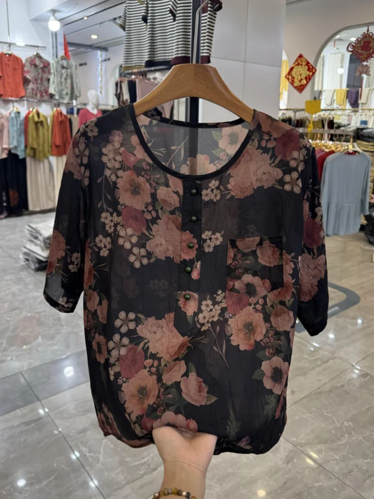 젊은 엄마의 패션 라운드 넥 프린트 오르트 슈에 쉬폰 탑 여름 신상 슬레 유니크 스몰 사이즈 중년 여성용 탑