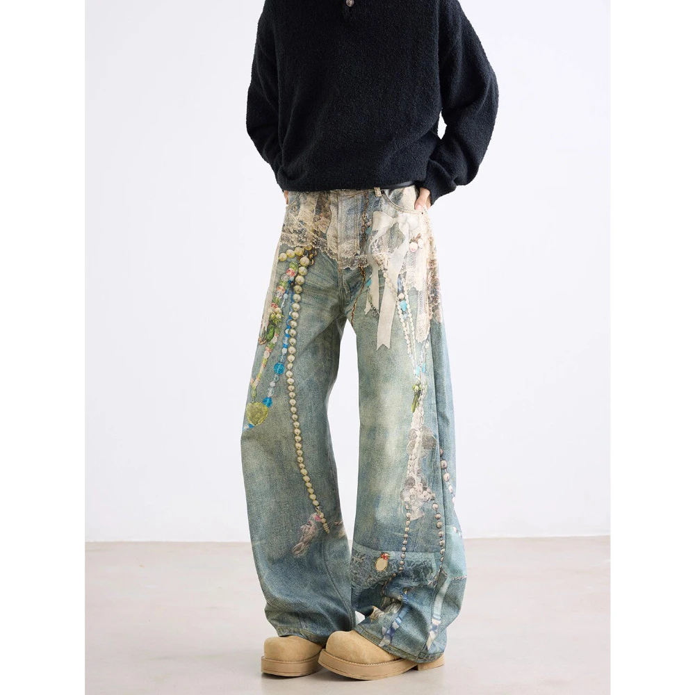 American Style Retro Distressed Lace 3D Printing Pearl Chain Jeans Mid-waist Loose Casual Washed Wide Leg Pants For Men&Women