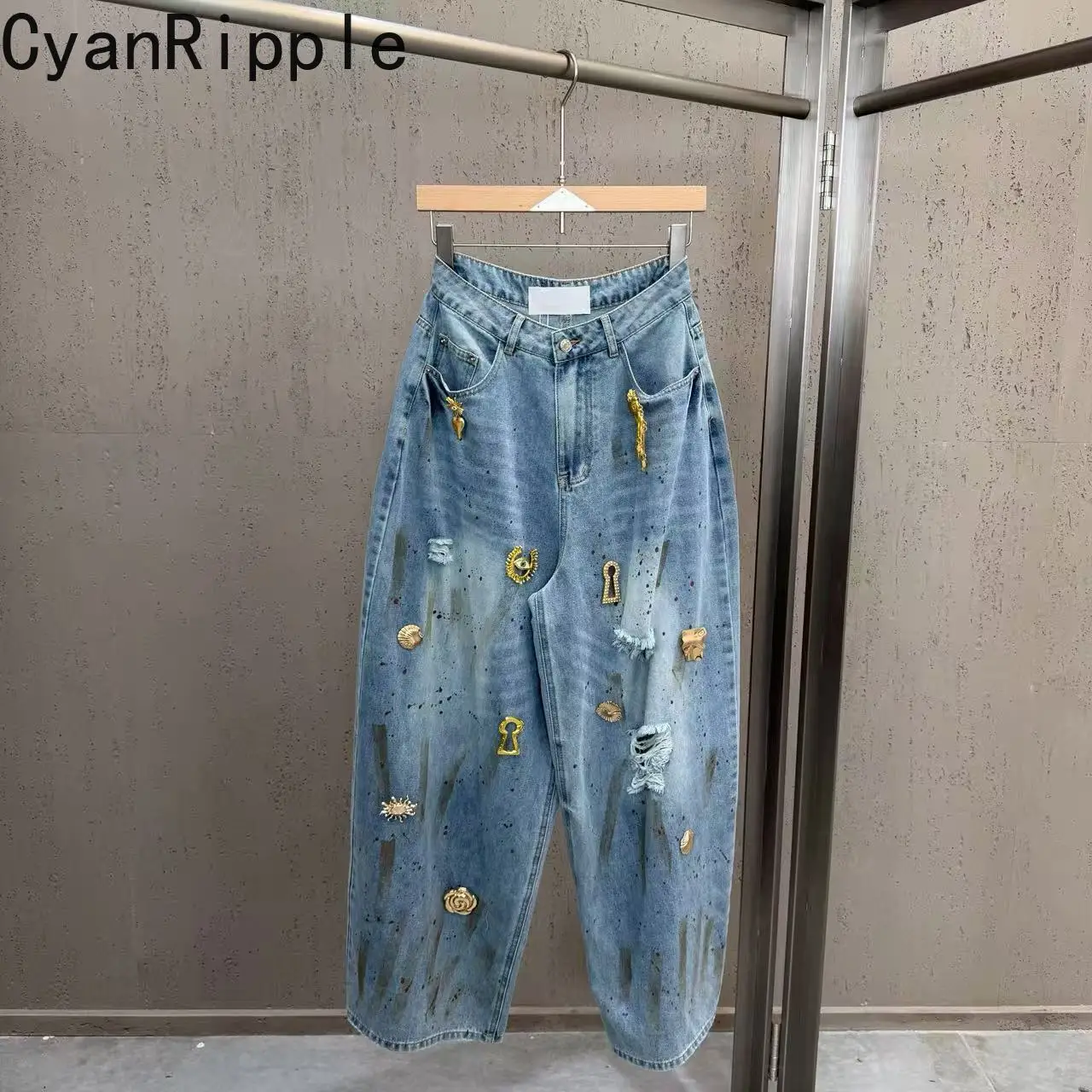 

American Tie-dye Hole Women Harem Pants New Spring Summer Trendy Metal Buckle Decoration Wide Leg Jeans Casual Denim Trousers