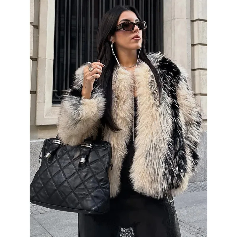 

Женская теплая пушистая куртка из искусственного меха с цветными блоками, повседневная, с круглым вырезом, длинными рукавами, свободного кроя, для зимы и улицы