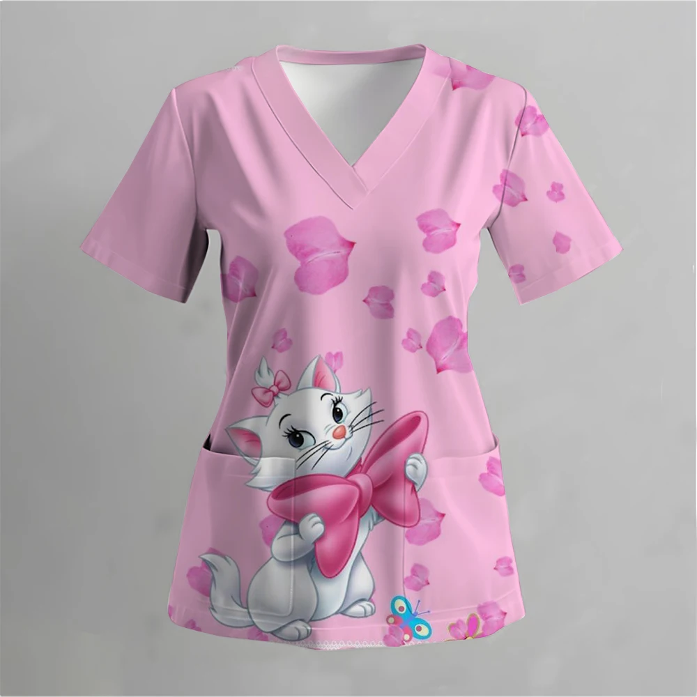 Disney Pet Mary Cat Print Scrub Tops Pet Shop Medical Uniforms Nurse V-Neck Shirt Akcesoria pielęgniarskie Doctor Scrubs Clothes