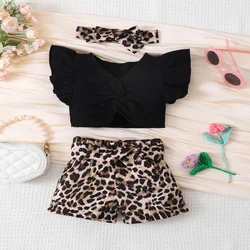 0-2 Year Old Baby Girl Summer Fashion Ruffled Short Sleeved Leopard Print Shorts Headwear Set