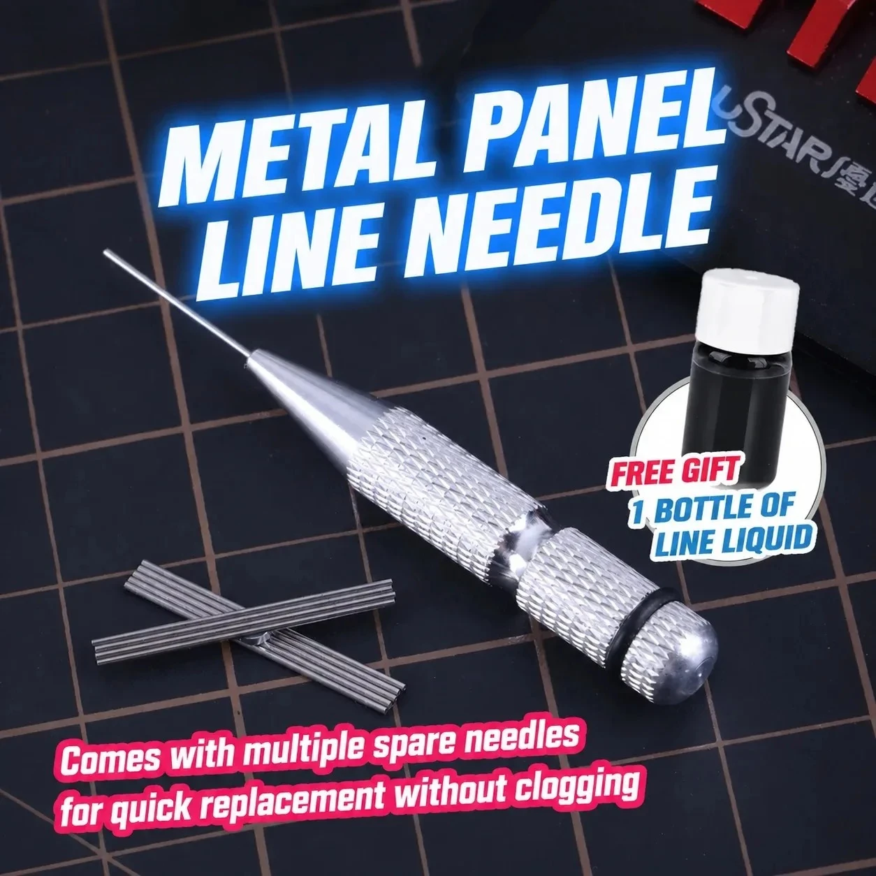 Ustar UA-90227 Precision Metal Panel Lining Tool 10 Replaceable Needles for Gundam Scale Model Touch‑Up Detailing Hobby Tool