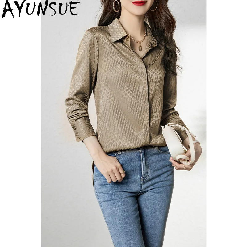 

AYUNSUE 100% Mulberry Silk Women's Blouses and Shirts Luxury Long Sleeve Tops for Woman Commuting Shirt Spring Woman Clothes