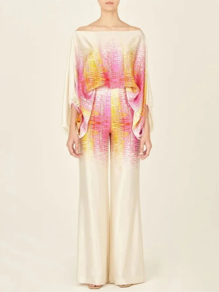 ผู้หญิงหลวมแขนค้างคาวกางเกงขากว้างชุดสองชิ้นแฟชั่นฤดูร้อนพิมพ์อารมณ์Elegantแขนยาวชุด