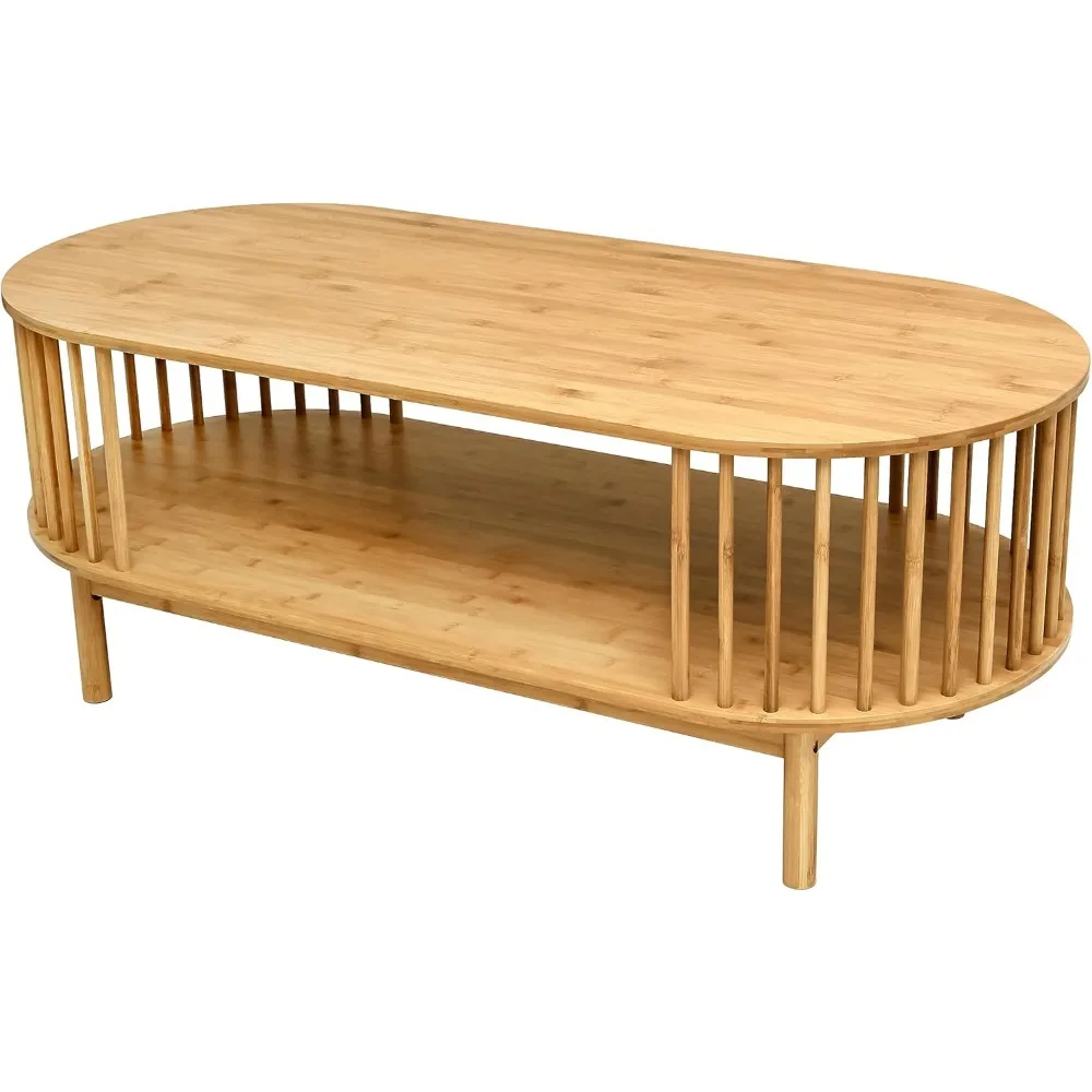 

Oval Coffee Table, Bamboo Coffee Table for Living Room, 2-Tier Wooden Farmhouse Center Table with Storage Shelf