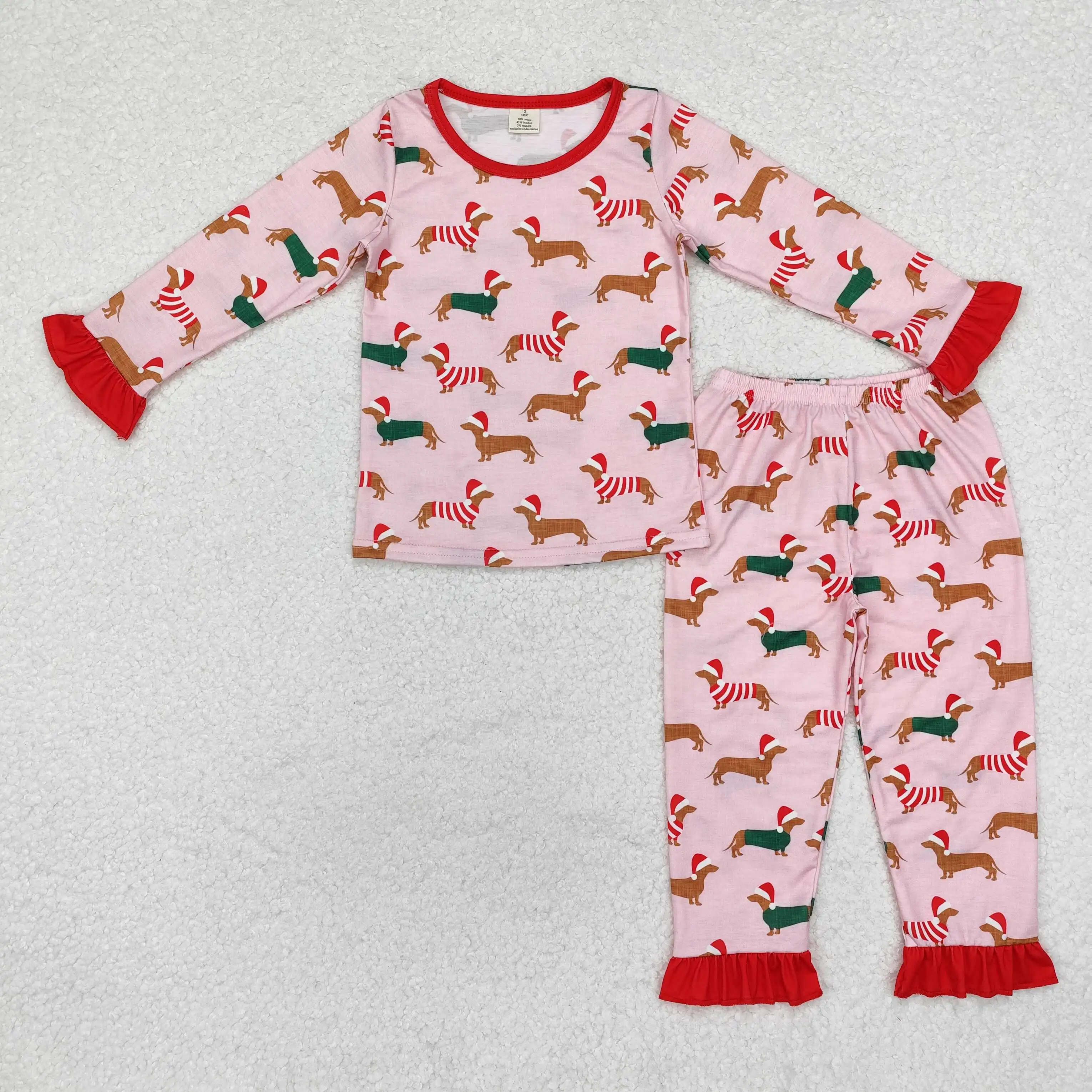 

NEW rts baby girls christmas pink pajama set wholesale boutique bamboo girls christmas puppy pattern pajama suit