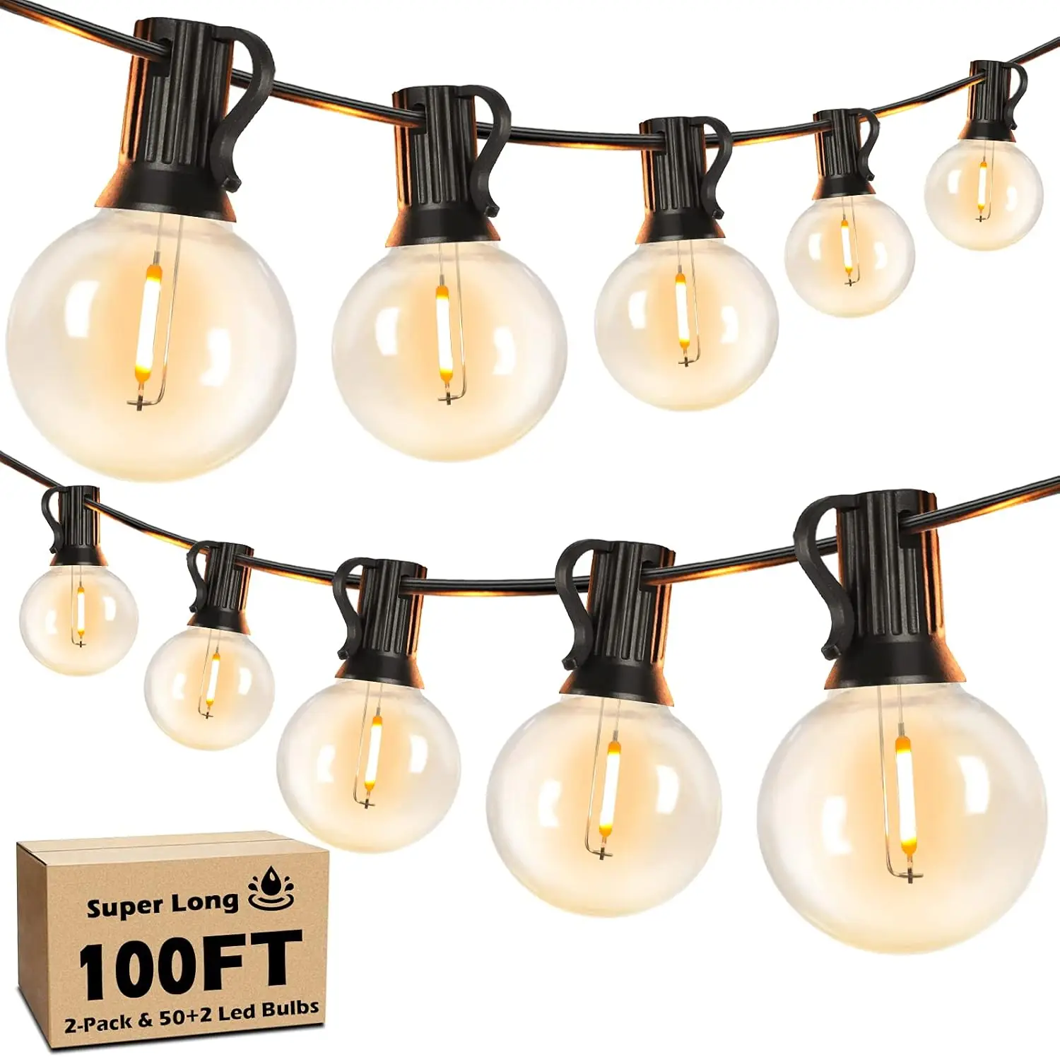

100FT Dimmable LED String Lights with 52 Shatterproof Bulbs, 2-Pack 50FT Waterproof Outdoor Hanging Lights for Patio, Backyard, Party