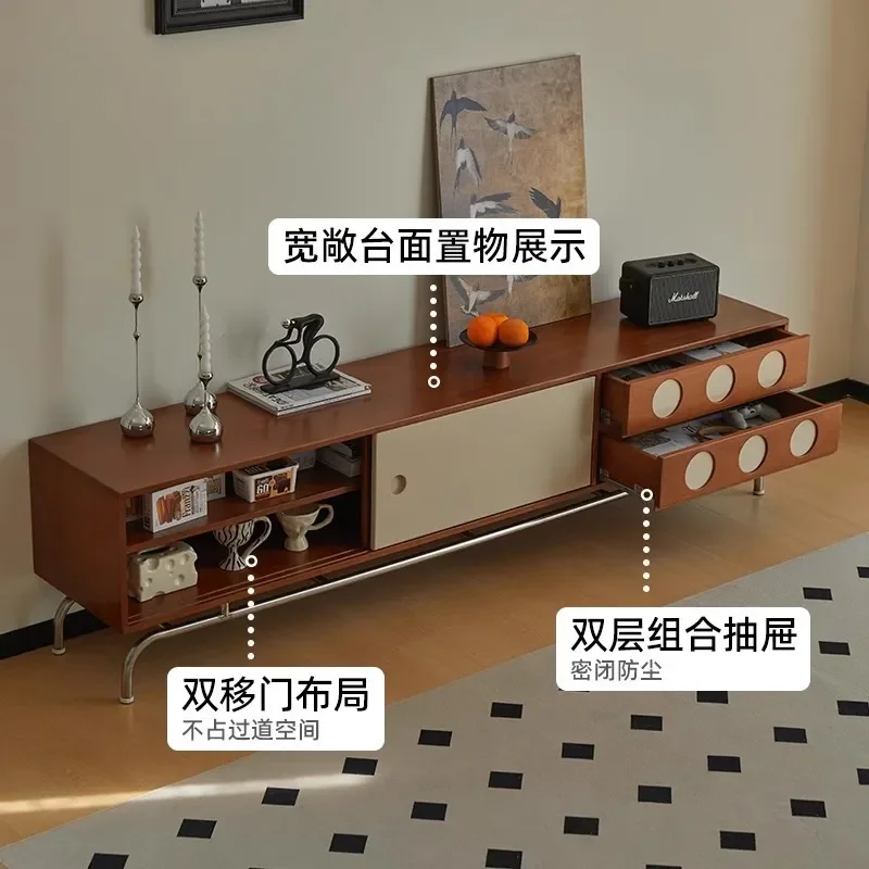 Nordic Solid Wood TV Cabinet Stainless Steel Wall Mounted Storage Unit for Living Room Small Apartment Audio Visual Console