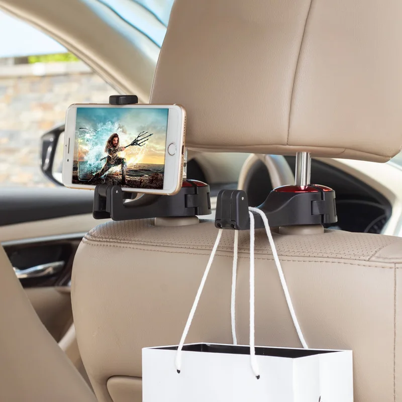 2-in-1 Auto-Kopfstützenhaken mit Handyhalterung, Rücksitz-Aufhänger für Kleidung, faltbarer Clip für Taschen, Handtaschen, Einkaufstaschen, Organizer