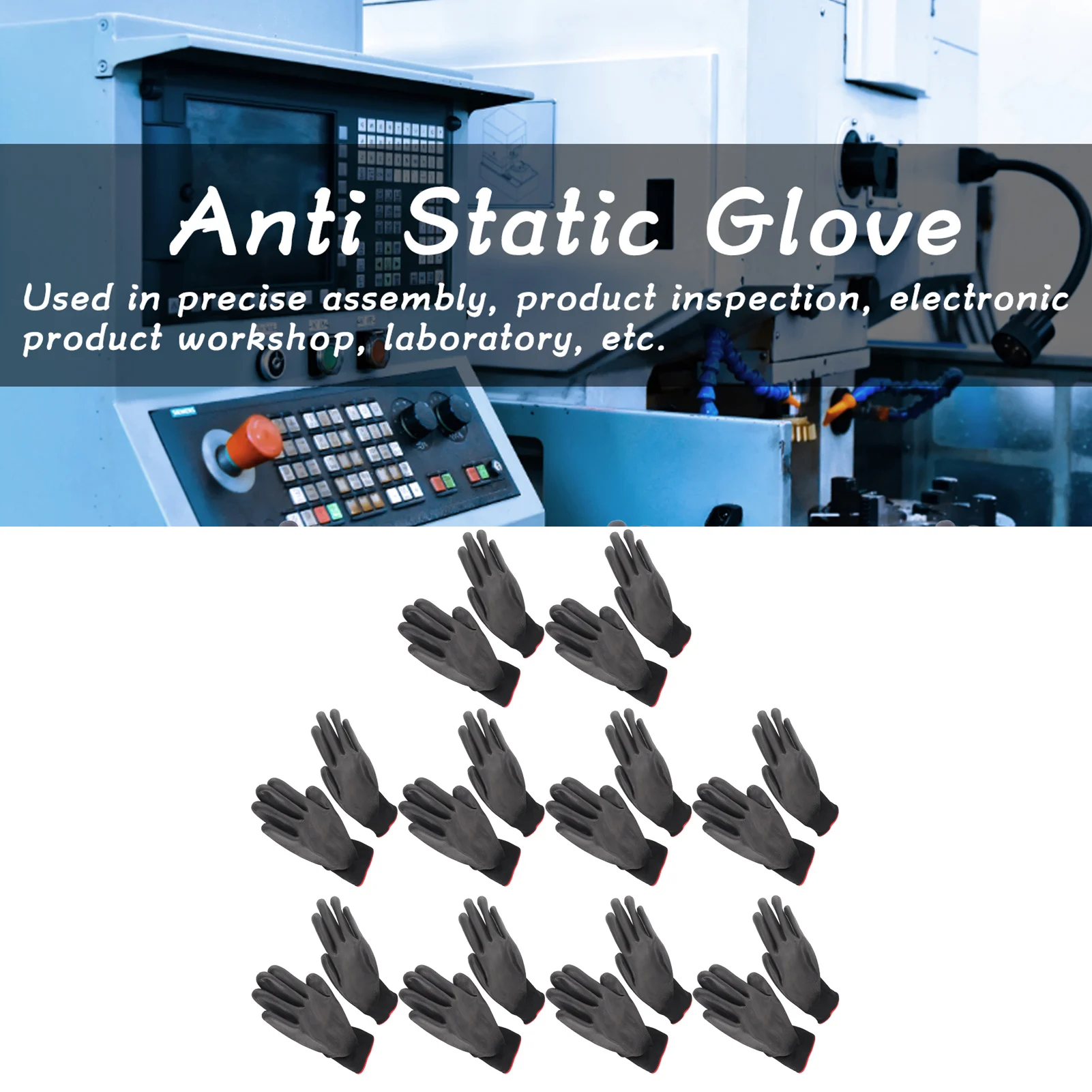 ZK30 10 Pairs Anti Static Glove Anti Skid Black PU Glue Nylon Knit Gloves for Machinery Workshop